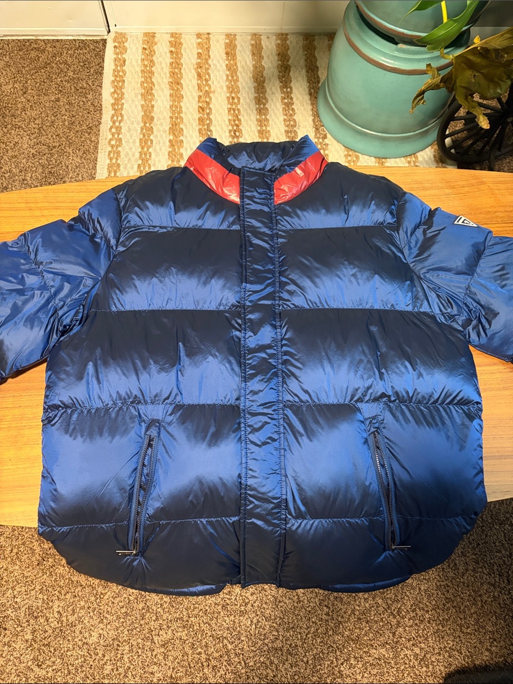 Guess Men's Blue Puffer Jacket with Red Trim
